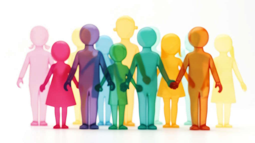Colorful translucent human-like figures standing together